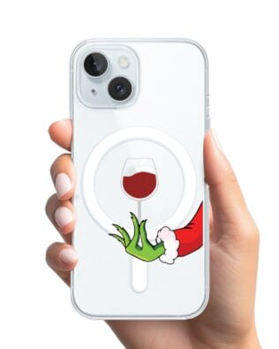 Etui do iPhone 15 Plus z MagSafe przeźroczyste, silikonowe Flexi, Zielony psotnik z lampką wina