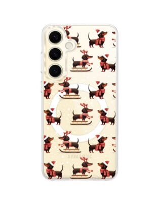 Etui do Samsung Galaxy S24 z MagSafe przeźroczyste, silikonowe Flexi, Przytulne święta, Jamniki na saniach