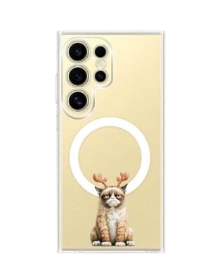Etui do Samsung Galaxy S24 Ultra z MagSafe przeźroczyste, silikonowe Flexi, Przytulne święta, Kot który nie chciał być reniferem