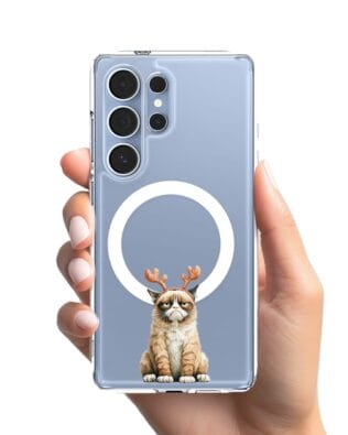 Etui do Samsung Galaxy S25 Ultra z MagSafe przeźroczyste, silikonowe Flexi, Przytulne święta, Kot który nie chciał być reniferem
