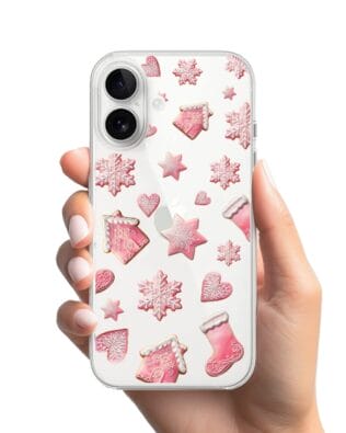Etui do iPhone 16 przeźroczyste, silikonowe Flexi, Przytulne święta, Różowe pierniczki
