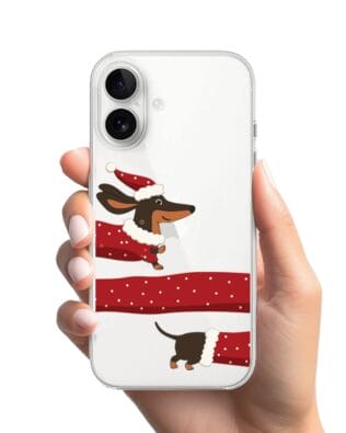 Etui do iPhone 16 przeźroczyste, silikonowe Flexi, Przytulne święta, świąteczny jamnik