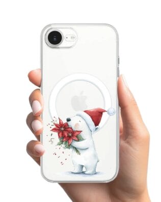 Etui do iPhone 16e z MagSafe przeźroczyste, silikonowe Flexi, Przytulne święta, Miś świąteczny