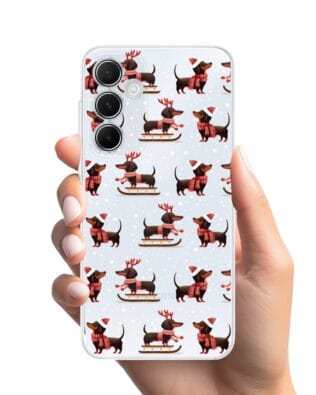 Etui do Samsung Galaxy A55 5G przeźroczyste, silikonowe Flexi, Przytulne święta, Jamniki na saniach
