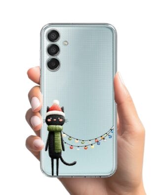 Etui do Samsung Galaxy M15 5G przeźroczyste, silikonowe Flexi, Przytulne święta, Kot przebrany za elfa