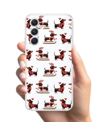 Etui do Samsung Galaxy A54 5G przeźroczyste, silikonowe Flexi, Przytulne święta, Jamniki na saniach