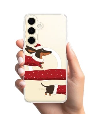 Etui do Samsung Galaxy S24 Plus z MagSafe przeźroczyste, silikonowe Flexi, Przytulne święta, świąteczny jamnik