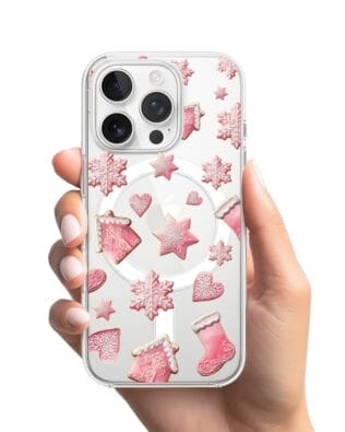 Etui do iPhone 16 Pro Max z MagSafe przeźroczyste, silikonowe Flexi, Przytulne święta, Różowe pierniczki