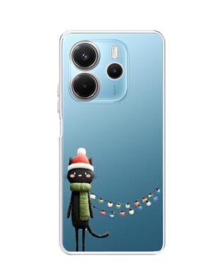 Etui do Xiaomi Redmi Note 14 5G przeźroczyste, silikonowe Flexi, Przytulne święta, Kot przebrany za elfa