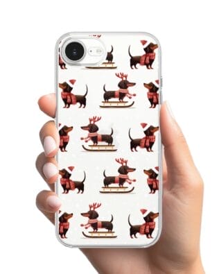 Etui do iPhone 16e przeźroczyste, silikonowe Flexi, Przytulne święta, Jamniki na saniach