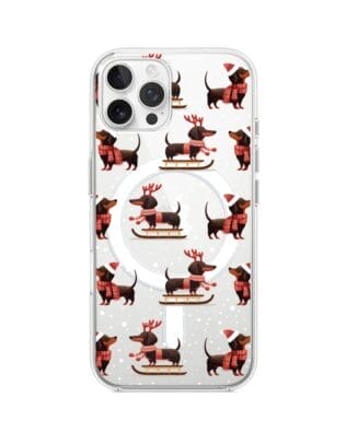 Etui do iPhone 12 Pro Max z MagSafe przeźroczyste, silikonowe Flexi, Przytulne święta, Jamniki na saniach