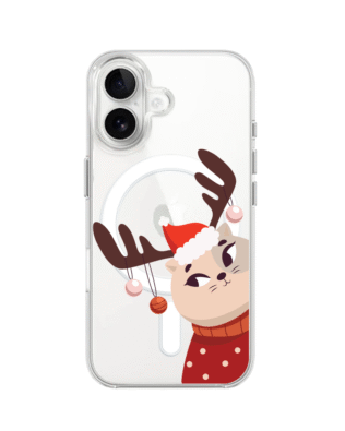 Etui do iPhone 16 z MagSafe przeźroczyste, silikonowe Flexi, Kotek przebrany za reniferka