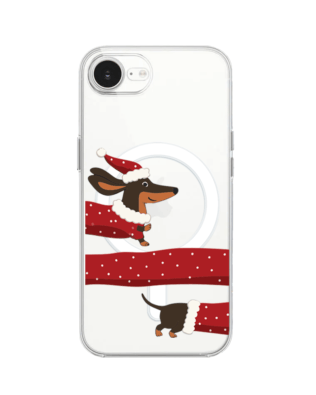 Etui do iPhone 16e z MagSafe przeźroczyste, silikonowe Flexi, Przytulne święta, świąteczny jamnik