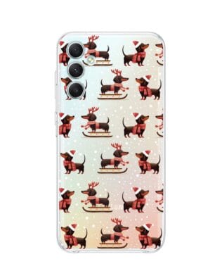 Etui do Samsung Galaxy A34 5G przeźroczyste, silikonowe Flexi, Przytulne święta, Jamniki na saniach