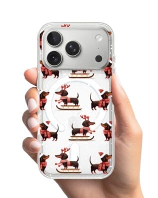 Etui do iPhone 17 Pro Max z MagSafe przeźroczyste, silikonowe Flexi, Przytulne święta, Jamniki na saniach