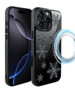 Etui do iPhone 16 Pro IBIZU DropGuard Matt z MagSafe, Zimowa magia, Płatki śniegu na czarnym lustrze