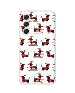 Etui do Samsung Galaxy A54 5G przeźroczyste, silikonowe Flexi, Przytulne święta, Jamniki na saniach