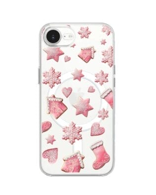 Etui do iPhone 16e z MagSafe przeźroczyste, silikonowe Flexi, Przytulne święta, Różowe pierniczki