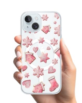 Etui do iPhone 15 z MagSafe przeźroczyste, silikonowe Flexi, Przytulne święta, Różowe pierniczki