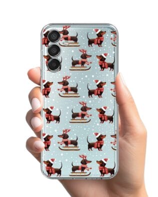 Etui do Samsung Galaxy M15 5G przeźroczyste, silikonowe Flexi, Przytulne święta, Jamniki na saniach