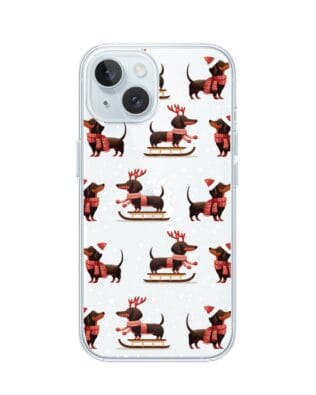 Etui do iPhone 15 przeźroczyste, silikonowe Flexi, Przytulne święta, Jamniki na saniach