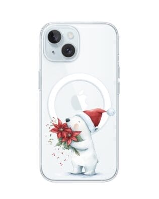 Etui do iPhone 15 Plus z MagSafe przeźroczyste, silikonowe Flexi, Przytulne święta, Miś świąteczny