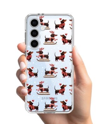 Etui do Samsung Galaxy S24 FE przeźroczyste, silikonowe Flexi, Przytulne święta, Jamniki na saniach