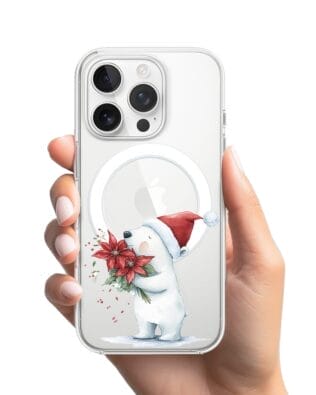 Etui do iPhone 15 Pro Max z MagSafe przeźroczyste, silikonowe Flexi, Przytulne święta, Miś świąteczny