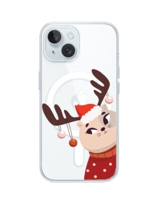 Etui do iPhone 15 Plus z MagSafe przeźroczyste, silikonowe Flexi, Kotek przebrany za reniferka