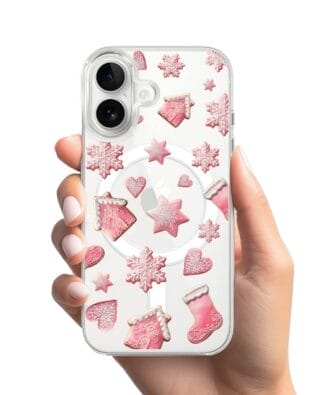 Etui do iPhone 16 z MagSafe przeźroczyste, silikonowe Flexi, Przytulne święta, Różowe pierniczki