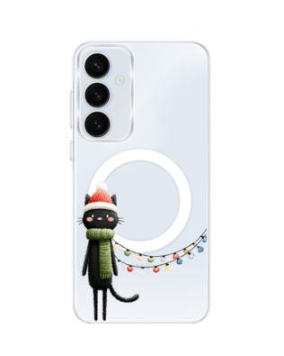 Etui do Samsung Galaxy A55 5G z MagSafe przeźroczyste, silikonowe Flexi, Przytulne święta, Kot przebrany za elfa