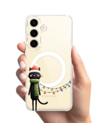 Etui do Samsung Galaxy S24 Plus z MagSafe przeźroczyste, silikonowe Flexi, Przytulne święta, Kot przebrany za elfa