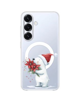 Etui do Samsung Galaxy S25 z MagSafe przeźroczyste, silikonowe Flexi, Przytulne święta, Miś świąteczny