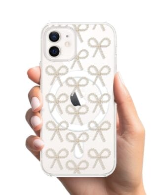 Etui do iPhone 12 Mini z MagSafe przeźroczyste, silikonowe Flexi, Przytulne święta, złote kokardki