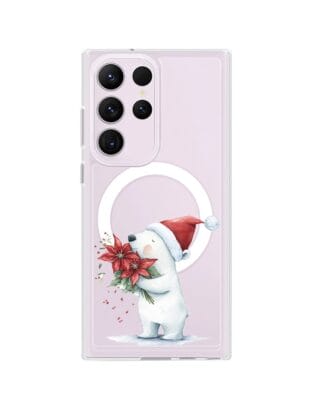 Etui do Samsung Galaxy S23 Ultra z MagSafe przeźroczyste, silikonowe Flexi, Przytulne święta, Miś świąteczny