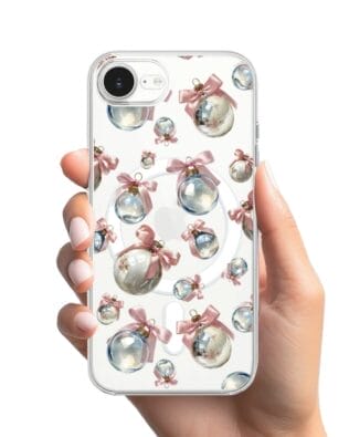 Etui do iPhone 16e z MagSafe przeźroczyste, silikonowe Flexi, Przytulne święta, Pastelowe bombki