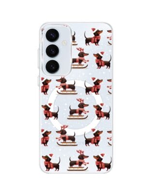 Etui do Samsung Galaxy A55 5G z MagSafe przeźroczyste, silikonowe Flexi, Przytulne święta, Jamniki na saniach