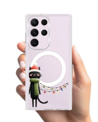 Etui do Samsung Galaxy S23 Ultra z MagSafe przeźroczyste, silikonowe Flexi, Przytulne święta, Kot przebrany za elfa