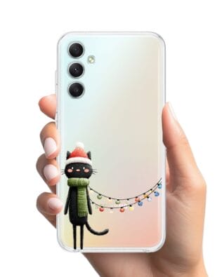 Etui do Samsung Galaxy A34 5G przeźroczyste, silikonowe Flexi, Przytulne święta, Kot przebrany za elfa