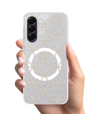 Etui do Samsung Galaxy A56 5G z MagSafe przeźroczyste, silikonowe Flexi, Przytulne święta, złote kokardki