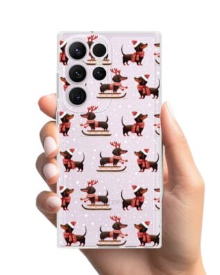 Etui do Samsung Galaxy S23 Ultra przeźroczyste, silikonowe Flexi, Przytulne święta, Jamniki na saniach