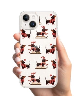 Etui do iPhone 13 Mini przeźroczyste, silikonowe Flexi, Przytulne święta, Jamniki na saniach