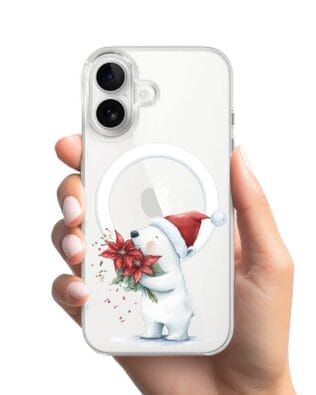 Etui do iPhone 16 z MagSafe przeźroczyste, silikonowe Flexi, Przytulne święta, Miś świąteczny