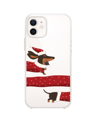 Etui do iPhone 12 przeźroczyste, silikonowe Flexi, Przytulne święta, świąteczny jamnik