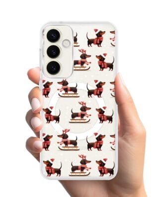 Etui do Samsung Galaxy S23 Plus z MagSafe przeźroczyste, silikonowe Flexi, Przytulne święta, Jamniki na saniach