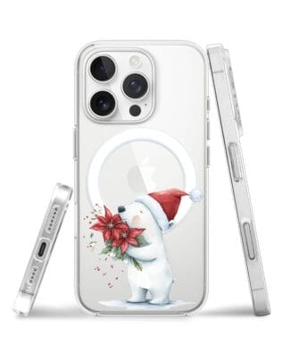 Etui do iPhone 16 Pro z MagSafe przeźroczyste, silikonowe Flexi, Przytulne święta, Miś świąteczny