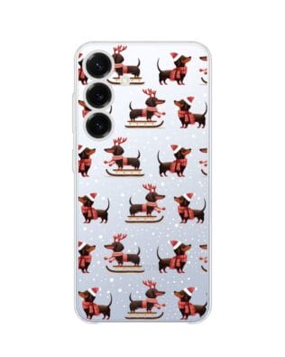 Etui do Samsung Galaxy S25 Plus przeźroczyste, silikonowe Flexi, Przytulne święta, Jamniki na saniach