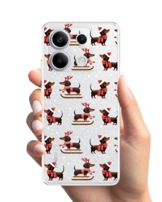 Etui do Xiaomi Redmi Note 13 Pro 5G przeźroczyste, silikonowe Flexi, Przytulne święta, Jamniki na saniach