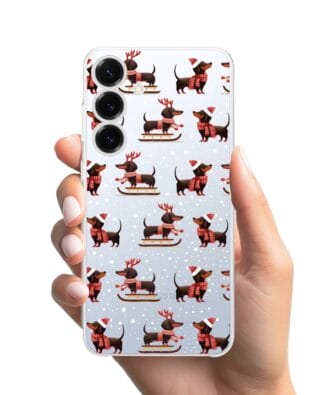 Etui do Samsung Galaxy S25 Plus przeźroczyste, silikonowe Flexi, Przytulne święta, Jamniki na saniach