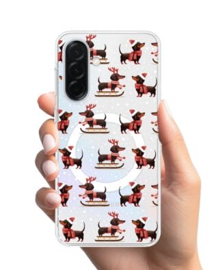 Etui do Samsung Galaxy A36 5G z MagSafe przeźroczyste, silikonowe Flexi, Przytulne święta, Jamniki na saniach